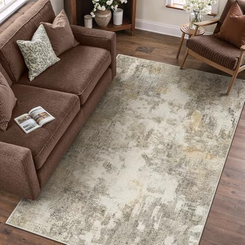 Abstraktes Teppich Wohnzimmer 150x210cm rutschfest Kurzflor Kunstwolle Schlafzimmer Teppich Waschbar Minimalistisch Bettvorleger Teppiche Braun-Grau für Wohnzimmer Schlafzimmer Bereich Dekor