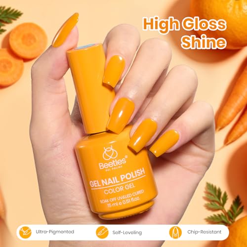 Image of Beetles Orange Gel Nail Polish - 1pc 15ml Bright Carrot Orange Yellow Color Soak Off UV LED Gel Polish, Glossy Solid Colors Nail Art, Vibrant Nails Design for DIY Salon Manicure