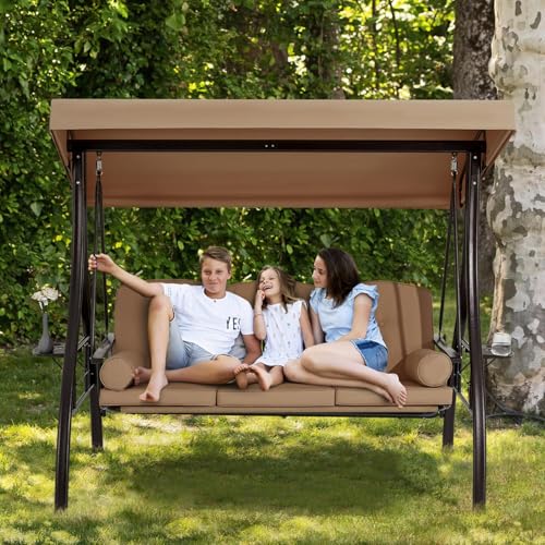 Image of HOMREST 3 Person Outdoor Porch Swing with 1.5 inch Upgraded Cup Holder, Adjustable Canopy, Backrest, Patio Swing Bed with Weather Resistant Steel Frame, Cushions for Garden,Deck and Poolside(Brown)