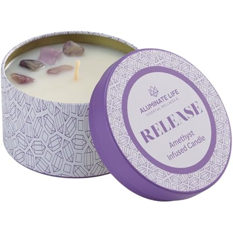 Luxury Candle Tin, 6 OZ, Release - Amethyst Healing Crystal Infused - Scents of Lav...