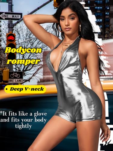Image of EHSUYAB Sexy Metallic Bodycon Romper, Tie Halter, One Piece Backless Club Outfit