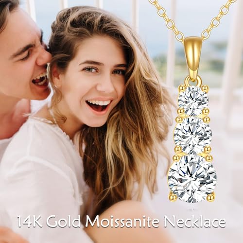 DOVRAN 14K Solid Gold Moissanite Necklace for Women 3 Stone 1.8CT Moissanite Engagement Necklace Wedding Pendant Real Gold Moissanite Jewelry for Her2