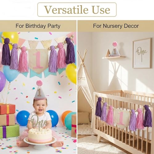 Image of Girl First Birthday Pastel Pink Purple ONE High Chair Banner with Cone Hat & Cake Toppe Baby Girl Spring 1st Birthday Decoration(Pink Purple 1st)