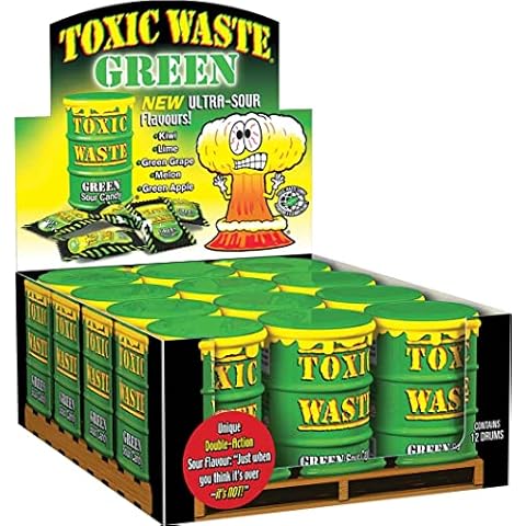 12 x Green Toxic Waste Drum Candy Sweets - Ultra Sour Flavours (Kiwi, Lime, Pear, Melon, Apple) Cover