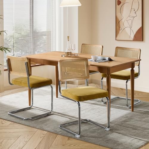 SoarFlash Chaises à Dîner Mid-Century Modernes, Dos en Raphia Tressé à la Main, Structure Cantilever en Acier Chromé, Siège Moelleux en Velours, Set de...