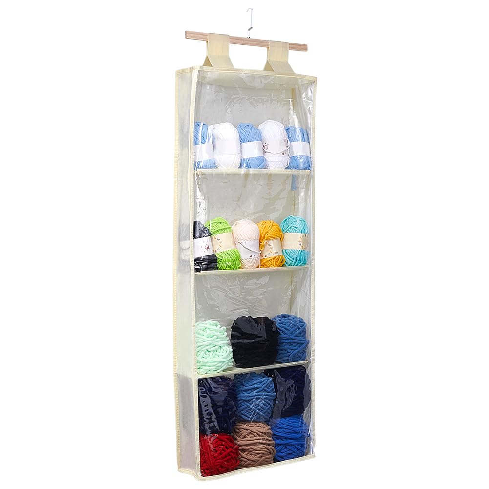UNICRAFTALE Contenitore per filati da appendere con 4 grandi tasche trasparenti beige, organizer per maglieria, con chiusura lampo, supporto per indicatore di filo sopra la porta per gomitoli di