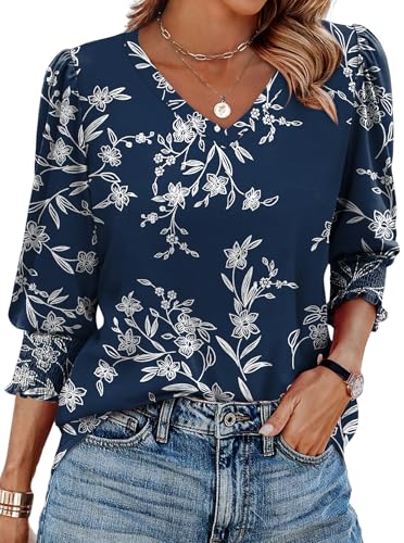 Image of Aokosor Womens 3/4 Sleeve Tops Ladies Blouses V Neck T Shirts Puff Sleeve Tunic Curved Hem Office Wear Size 10-12 Navy White Floral