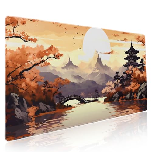 Orangefarbenes japanisches Sakura Gaming-Mauspad, XXL, gelbe Kirschblüte, ästhetisch, große Schreibtischunterlage, rutschfeste Gummiunterseite, genähter Rand, langes Mauspad für Desktop-Büro, 89,9 x