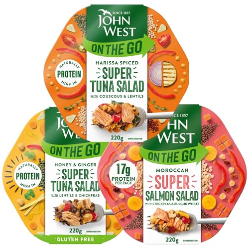 Lunch Snack Bundle With John West On The Go Honey & Ginger Super Tuna Salad Morrocan Salmon and Harissa Super Tuna Salad 220g Each (3 Pack)