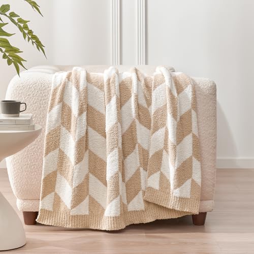 Image of Snuggle Sac Chevron Throw Blanket for Couch, Reversible Super Soft Warm Blankets Cozy Knit Fuzzy Plush Lightweight Throws for Sofa, Bed, Camping, Beige,50x60 inches