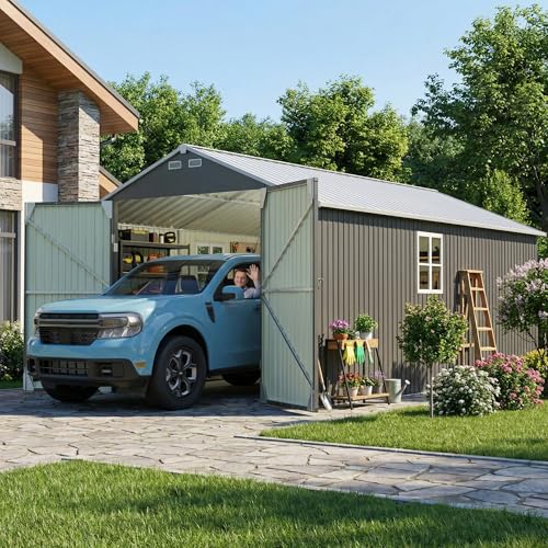 Image of Greesum 12x20FT Metal Carport with Walk-in Side Door, All Weather Metal Garage Shed with Window and Vent, Canopy Shelter with Heavy Duty Frame and Galvanized Roof for Cars, Boats, Tools, Black