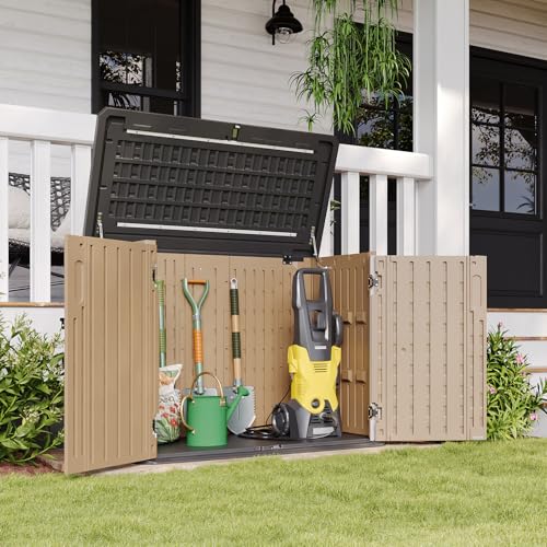 Image of Aoxun Outdoor Storage Cabinet 35 Cu.Ft Outdoor Trash Can Storage Shed Waterproof Horizontal Storage Shed Outdoor Storage for Garbage Bin, Generator, and Lawn Mower,Brown