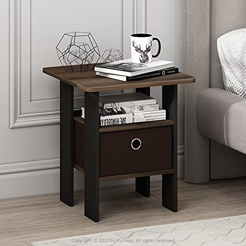 Image of Furinno ANDREY Square Side Table, End Table, Night Stand, Columbia Walnut | Open Shelves and Storage Bin, Bedside Table, for Living Room, Bedroom