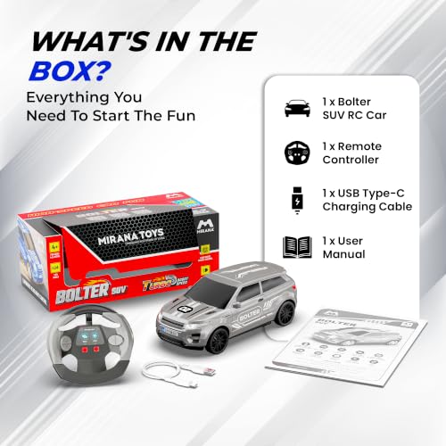 Image of Mirana Bolter SUV Remote Control RC Car for Kids | 1:24 Scale Racing Toy | with 1.5X Turbo Boost, LED Lights & Anti Skid Tyres | USB Type-C Rechargeable | Gift for Boys & Girls 4+ Years, Grey