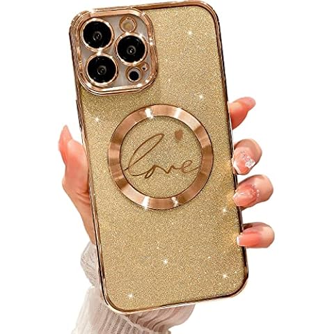 MGQILING Compatible with iPhone 11 Pro Max Magnetic Glitter Case-6.5 Inch, Luxury Love Heart Pattern Plating Bling Clear Case, Compatible with MagSafe for Women Girls Shockproof Back Cover-Gold Cover