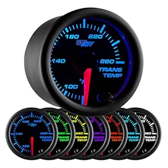 GlowShift Black 7 Color 260F Automatic Transmission Temp Gauge Kit - Includes 1/8-27 NPT Electronic Sensor & Wiring - Multi-Color Display - Black Dial - Clear Lens - for Car & Truck - 2-1/16" 52mm