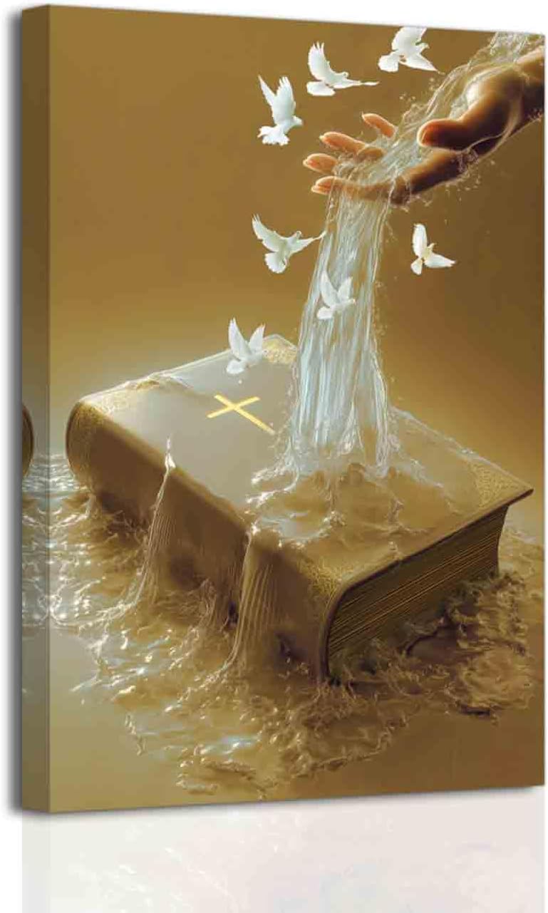 BJYCHG Jesus Christian Canvas Wall Art The Hand of God Pictures Holy Bible Water Cross Poster Prints Religious Dove of Peace Paintings Church Prayer Room Decor Framed (Blue, (18L x 12W))