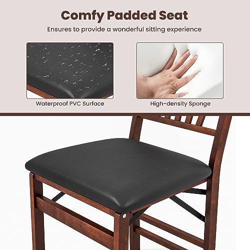 Image of COSTWAY Folding Dining Chairs Set of 4, Upholstered Wooden Dining Room Chairs with PVC Padded Seat, Solid Wood Frame and 400LBS Capacity for Kitchen Apartment (Black & Brown)