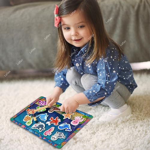 Image of Lefan Wooden Magnetic Fishing Game for Kids Montessori Toddler Toy with 1 Magnetic Rod and Assorted Wooden Fish Fine Motor Skill Development Toy for Boys & Girls Ages 3 4 5 6 7+
