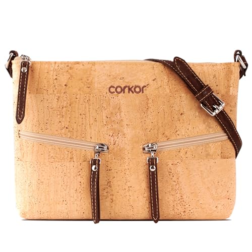 Corkor Bolsa tiracolo feminina de cortiça de Portugal | Couro vegano, Marrom claro, Small
