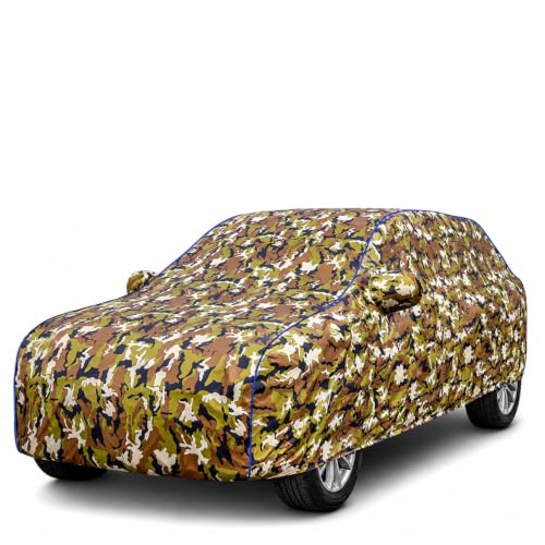 Image of Waterproof Car Body Cover for MG Windsor with Mirror Pocket| Cotton Inner Lining | Triple Stitched | All Weather Protection | Dust, UV & Rain Proof (Camouflage with Blue Piping)