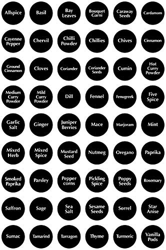 Paquete de 54 etiquetas adhesivas para tarros de especias y hierbas para cocina, cocina, color negro con texto en blanco, 30 x 30 mm cada una