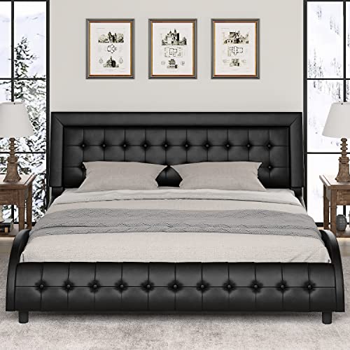 Hoomic King Size Platform Bed Frame With Adjustable Headboard, Upholstered Bed, Mattress Foundation, Wood Slat Support, No Box Spring Needed, Easy Assembly, Black #TOP2