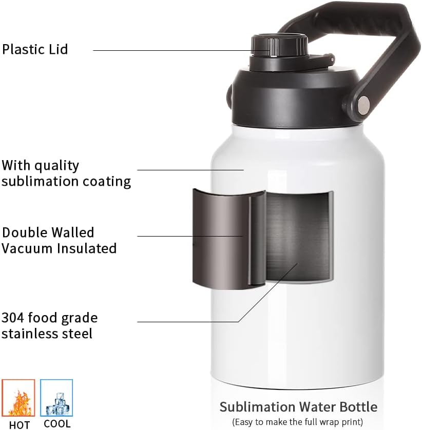 PYD Life Sublimation Water Jugs Bottles Blanks 64 OZ White Half Gallon Water Jug Sublimation Large Travel Outdoor Water Bottle with Portable Handle Leakproof Lid for Sublimation Oven Print