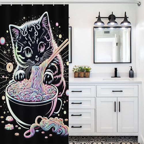 Rideau de douche chat imperméable et lavable en machine avec 12 crochets