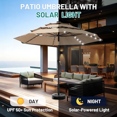 Image of AreShark 9ft 3 Tiers Patio Umbrella with Solar Lights, Outdoor Umbrella w / 32 LED Lights&8 Sturdy Ribs, Table Umbrella for Deck, Backyard, Pool (Beige)
