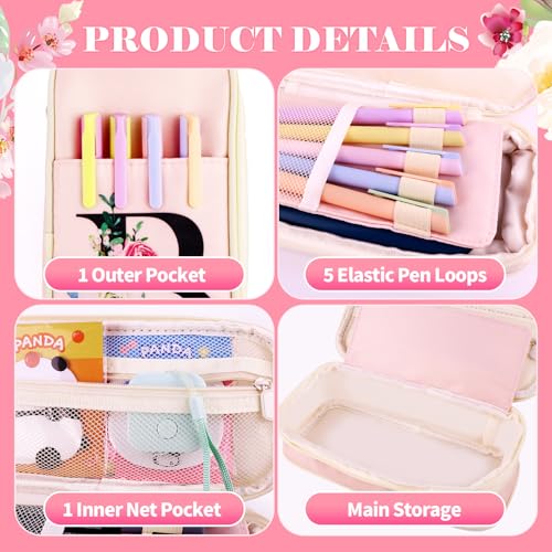 Image of Preppy Pencil Case for Girls, Cute Large Pencil Pouch, Personalized Initial Pencil Bag with Zipper for School College Office Supplies, Back to School Supplies Gifts for Teen Girls (T, Pink)