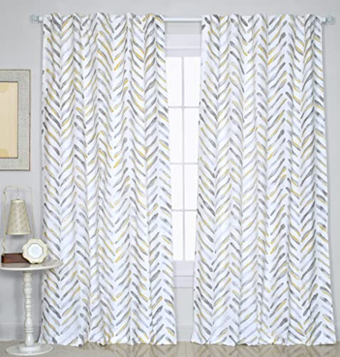 Image of Tranquebar Curtain Co. Cotton Curtains 8 Feet Long, 60-65% Room Darkening, Yellow & Grey Watercolor Chevron Print, 8 Feet Curtains, 8 Feet Curtains, BackTab Loops, Design Raya (244 cm) - Set of 2