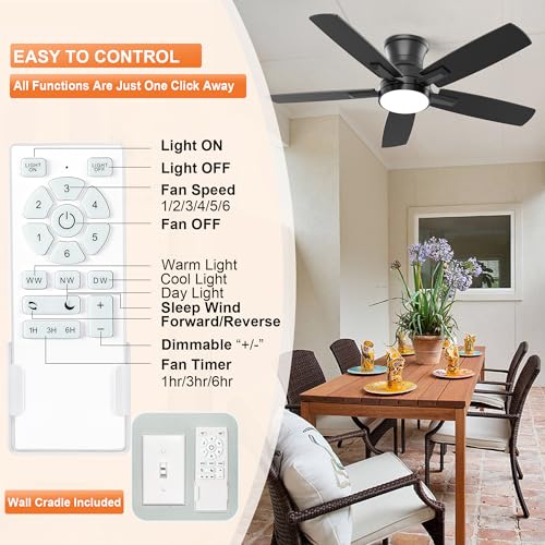 YUHAO 42 Inch Flush Mount Black Ceiling Fan with Light and Remote Control.Noiseless,Dimmable,3CCT,6 Speeds Reversible, Low Profile DC Ceiling Fans for Indoor or Covered Outdoor Use,ETL Listed thumbnail 8