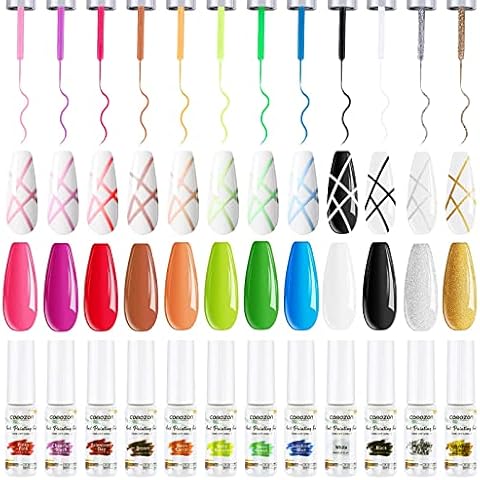 Gel Polish Nail Art Gel Liner Set, COMOZON 12 Pcs Painted Gel Nail Polish Set, 12 Colors Neon Gel Nail Polish Set with Thin Brush for Line Pulling, DIY Line Art Gel for Nail Art Salon Cover
