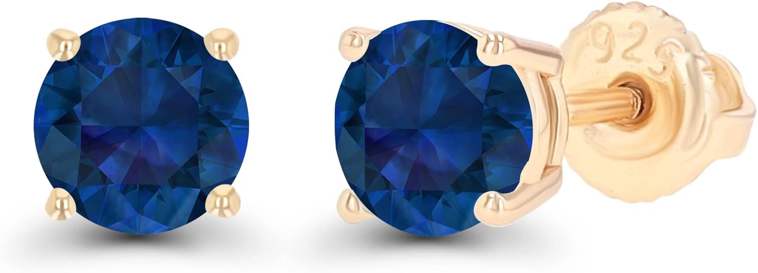 14K Gold Plated 925 Sterling Silver Hypoallergenic 5mm Round Genuine Birthstone Solitaire Screwback Stud Earrings