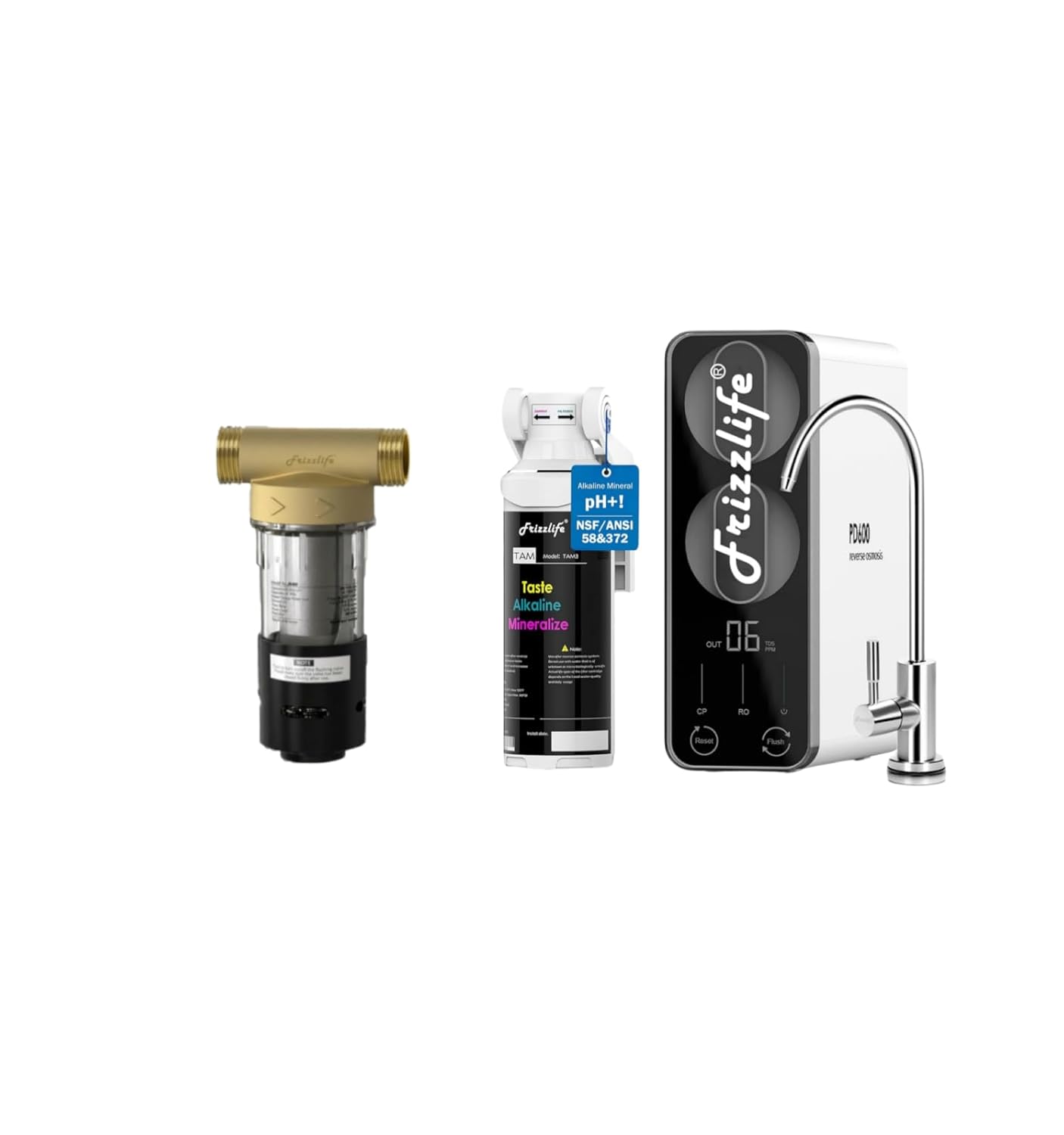 Frizzlife Reverse Osmosis Water Filter, PD600 & Whole House Pre-Filter | NSF/ANSI 58&53&42&372 Certified 600GPD Tankless RO System + 40/100 Micron Spin Down Sediment Filter