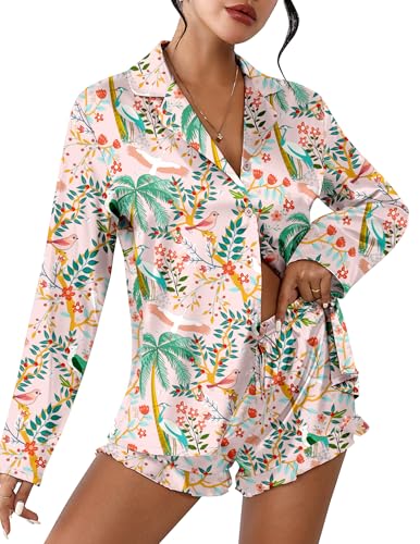 Image of Ekouaer Womens Satin Pajama Sets Cute Button Down Silk Pjs with Ruffle