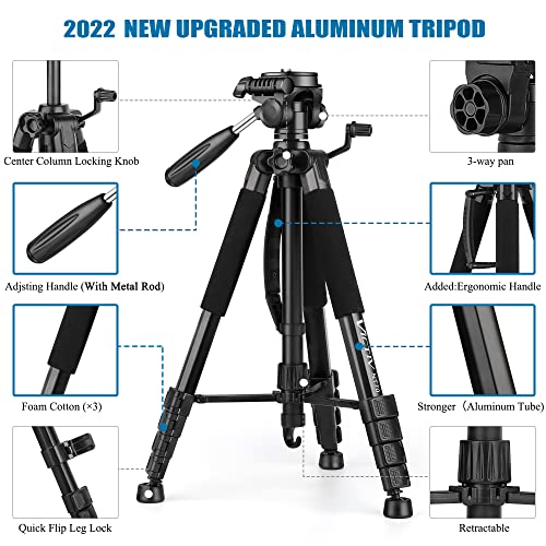 Victiv Tripod, 74” Camera Tripod, Tripod For Camera And Phone, Aluminum Tripod For Canon Nikon With Carry Bag And Phone Holder, Compatible With Dslr，Iphone, Projector, Webcam, Spotting Scopes #TOP5