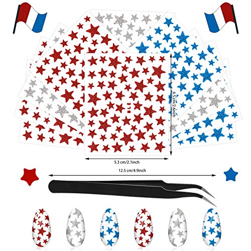 9 Sheet Star Nail Art Stickers Decals Adhesive Star Nail Glitter Sequins Holographic Nail Confetti Red Silver Blue Laser Nail Art Flakes With Tweezers #TOP2