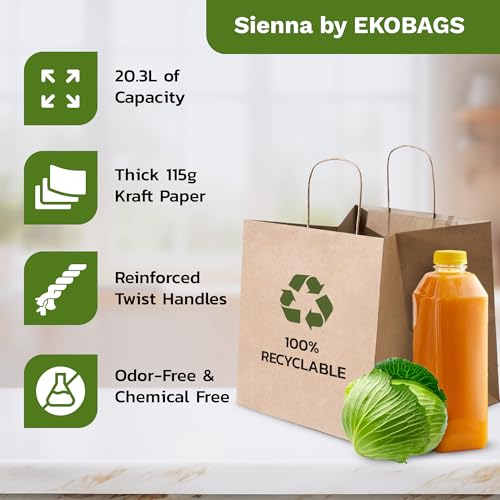 EKOBAGS SIENNA 100 | 12x8x13 inches, Kraft Paper Gift Bags with Handles | 115 GSM Brown Paper Bags for Small Business, Shopping & Party Favors | Recyclable | Holds up to 20.3L/10 lbs