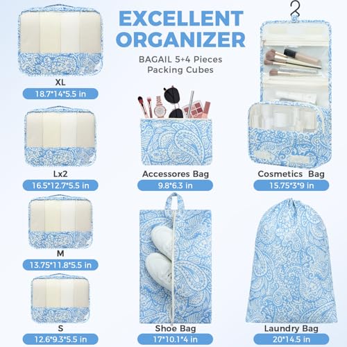 Image of BAGAIL 9 Set Packing Cubes with Packing List Luggage Packing Organizers for Travel Accessories (Blue paisley)