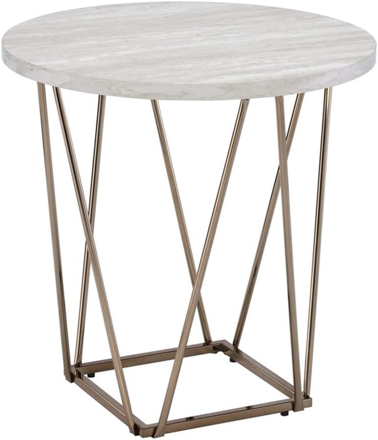 Pemberly Row End Table, 24"H x 24"W x 24"D, Engineered Wood/Faux Marble Top, Gray Finish, Hexagonal Metal Base, Scratch-Resistant, Round Contemporary Design, Adjustable Levelers for Living Room Use