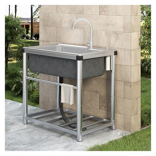 Evier Inox 1 Bac, Évier De Jardin Extérieur Portable, Avec Chaud/Froid Robinet Et Support, Pour Cuisines, Jardin, Garage, Waschküche(70 * 46cm/27.6 * 18in)