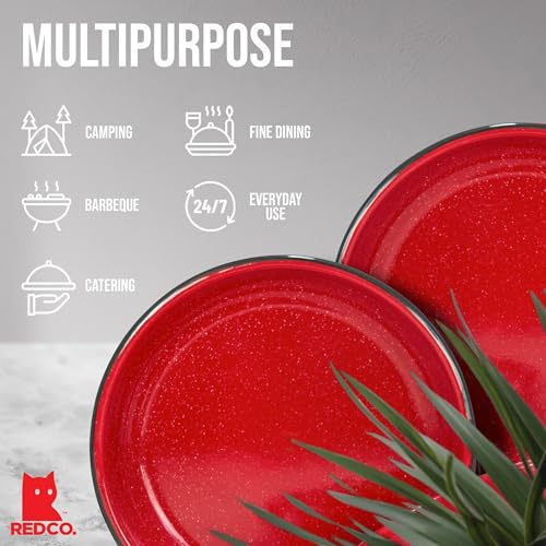 Red-Co-Set-of-4-Enamelware-Metal-10-Round-Camping-Plates-White-Speckled-RedBlack-Rim Red Co Set of 4 Enamelware Metal 10 Round Camping Plates White Speckled RedBlack Rim