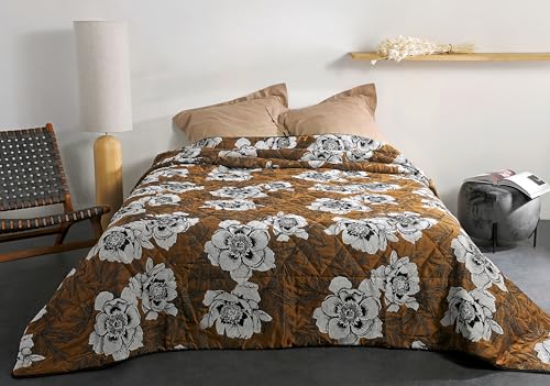 Copriletto imbottito con motivo floreale naturale tessuto e tinto in Francia colore tè e dimensioni 240 x 260 cm e ovatta 100% collezione poliestere giallo nero