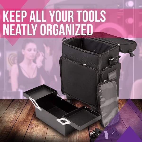 Image of Adson Multifunctional Professional Beauty Makeup Artist Rolling Cosmetic Aluminium Vanity Trolley Beauty Train case Makeup Cosmetic Trolley Hairstylist Travel Organizer (Full Black)