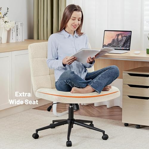 Image of Nutech Decor Armless Office Desk Chair - Linen Fabric Padded Swivel Adjustable Home Office Chair with 360 Wheels, Wide Criss Cross for Desk, Living Room (ND-Sherpa-ivorywhite-Wheel)