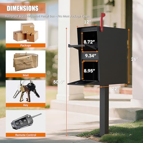Image of Package Mailbox with Lock, Large Post-Mount Locking Mailboxes for Outdoor Use, Heavy-Duty Steel Curbside Security Mailbox with Post and Base Plate, Weatherproof Mail Box for Residential Deliveries