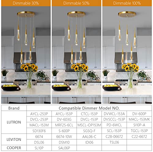 LMQNINE Kitchen Light Fixtures Ceiling Dimmable LED Modern Gold Pendant Light Mini Teardrop Crystal Pendant Light for Kitchen Island Bedroom Hallway Entryway (5-Light) - Image 4