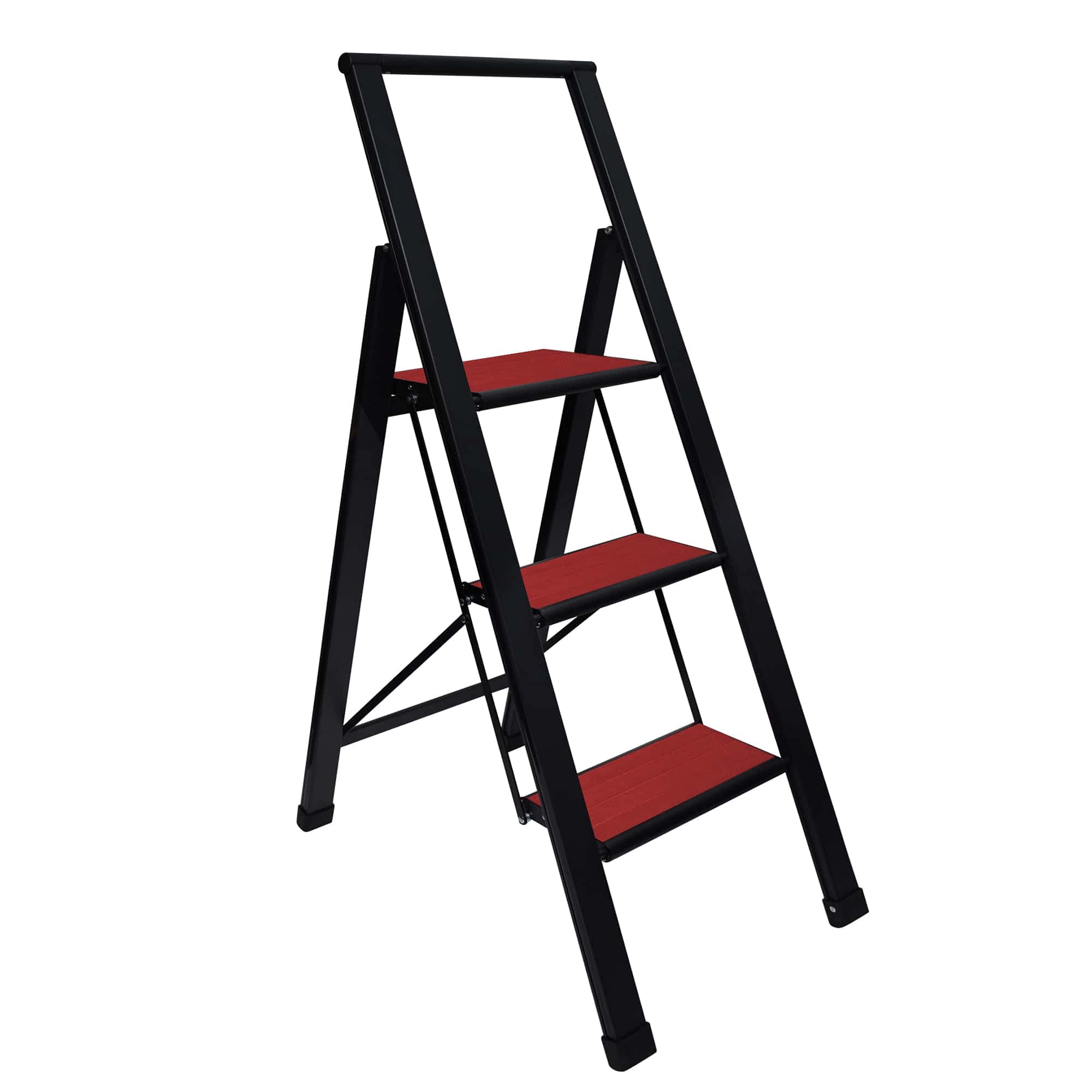 Step Ladder 3 Step Folding, Decorative - Beautiful Mahogany & Black Aluminum, Ultra Slim Profile, Anti Slip Steps, Sturdy-Portable for Home, Office, Kitchen, Photography Use,by SORFEY